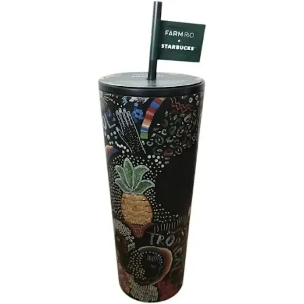 NWT Starbucks x Farm Rio Colorful Black Beadwork Stainless Cold Cup Tumbler